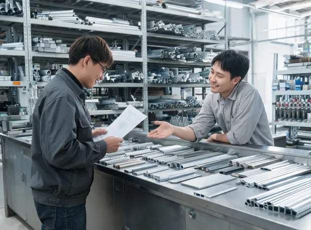 Service counter discussing metal stock