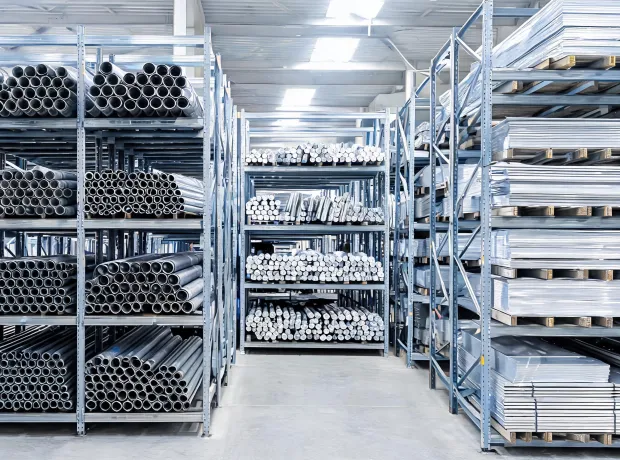 Warehouse racks of metal shapes